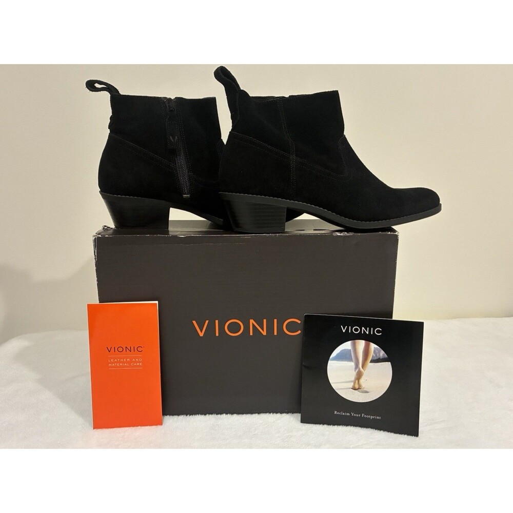 VIONIC Vera Water Resistant Zip Ankle Bootie 8 Black Suede Western Heel Comfort